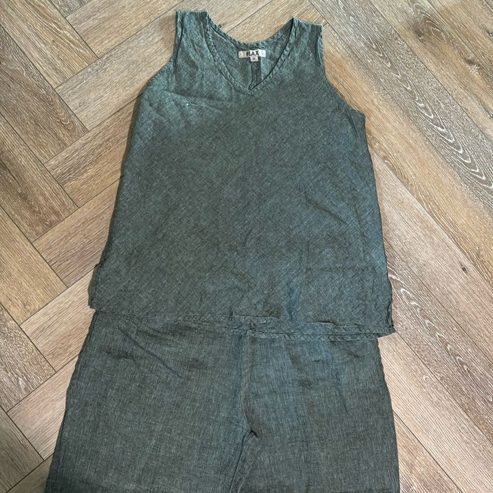 Flax Olive Sleeveless tank and pants - 100% linen - W medium